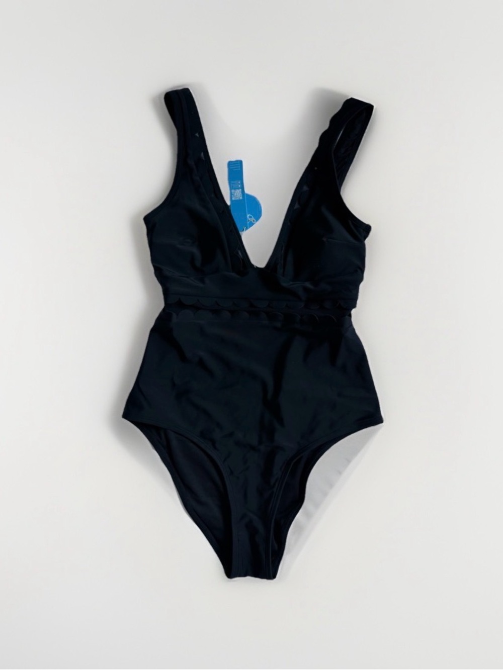 Black Scalloped Mesh Plunge V-Neck One Piece Swimsuit NWT CupShe XS Classic Chic